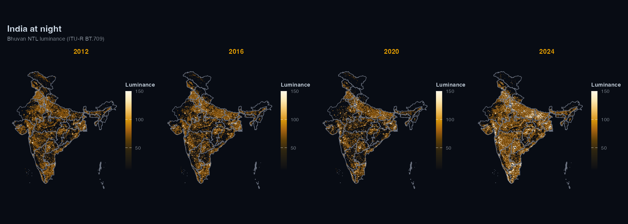 India at night, 2012-2024